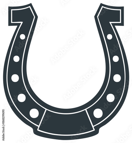 Stylized horseshoe with circular rivets and clean lines symbolizing good luck and protection