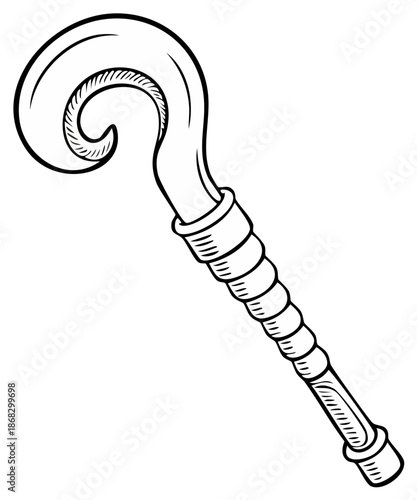 Simple hand drawn shepherd staff or bishop crozier black white line art illustration