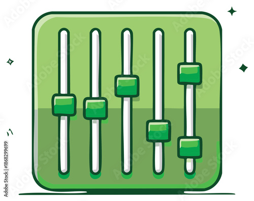 Cartoon Illustration of a Green Sound Mixer with Sliders for Equalization and Volume Control
