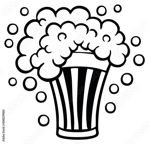Soda glass with foam and bubbles black and white line art illustration