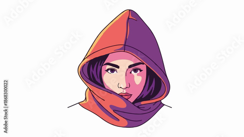 Close-up pixel art portrait of a young woman wearing a purple and orange hooded garment