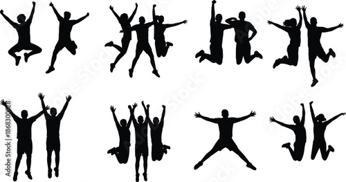 People jumping silhouettes collection, happy friends celebrating success together, joyful team victory concept vector illustration isolated black white background