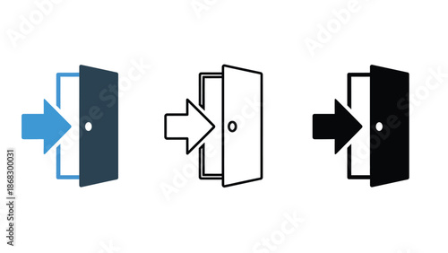 A graphic illustration of three door icons in different colors with arrows
