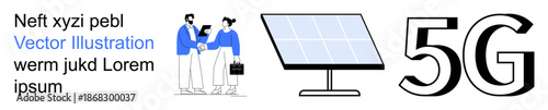 Renewable energy, business solutions, telecommunications, partnerships, technology development, future innovation. A solar panel, businesspeople interacting bold 5G text. Renewable energy