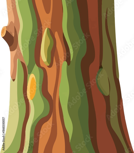 Close-up, stylized depiction of a tree trunk's textured bark in earthy tones of green and brown