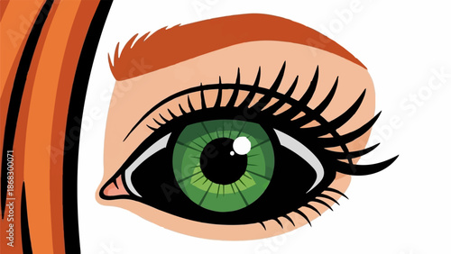 Close-up stylized illustration of a vibrant green eye with auburn hair strands