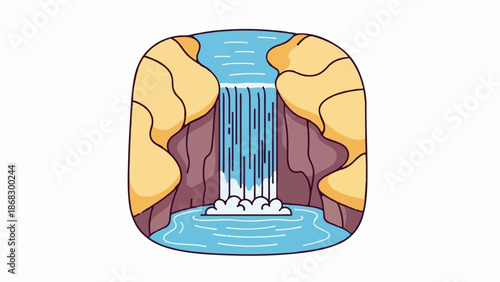 Cartoon waterfall cascading into a pool, framed by rocky cliffs