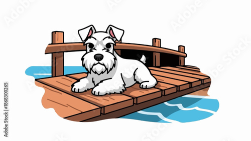 Cartoon white terrier dog resting on a wooden pier over blue water