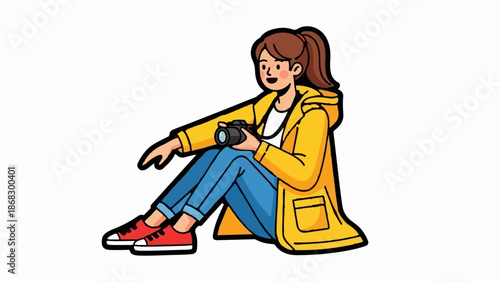 Cartoon woman in yellow coat and jeans, sitting with camera