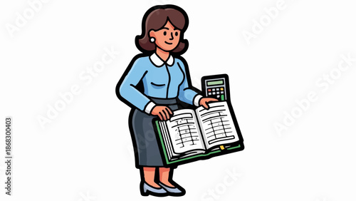 Cartoon woman with book and calculator