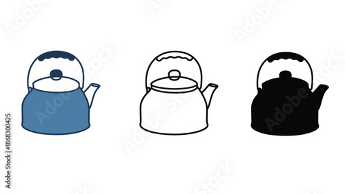 Three different colored kettle icons on a white background for design purposes