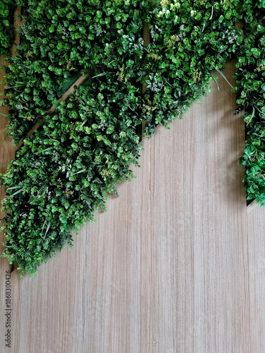 Interior wall with wooden panels and artificial climbing leaves inside shopping mall, ceiling air duct and ventilation visible