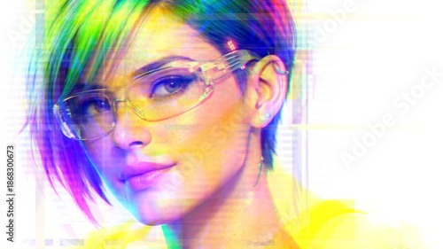 Portrait of a cyberpunk girl transforming into pixel and glitch animation. Noise video art.