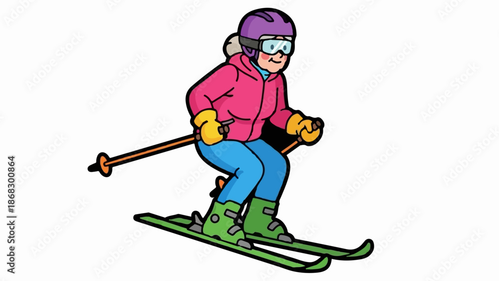 Obraz premium Cartoon of a senior woman skiing downhill with ski poles and gear