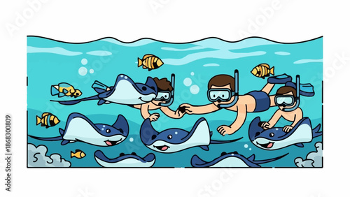 Children and stingrays swim together in a vibrant blue ocean, a delightful underwater scene