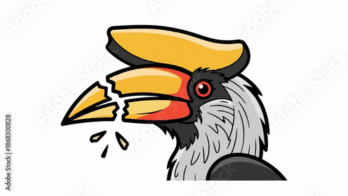 Cartoon of a hornbill's head with a broken beak, spewing droplets