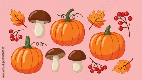 Cheerful autumn harvest with pumpkins, mushrooms, berries, and leaves on pink