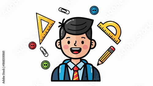 Cheerful boy with school supplies, including rulers, buttons, paper clips, and a pencil