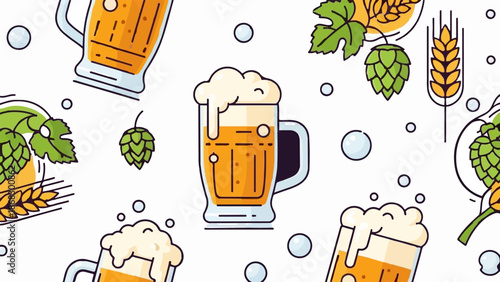 Cheerful bubbly mugs of golden beer and green hops scattered across a white background