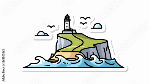 Coastal lighthouse on a cliff overlooking waves, with birds and clouds