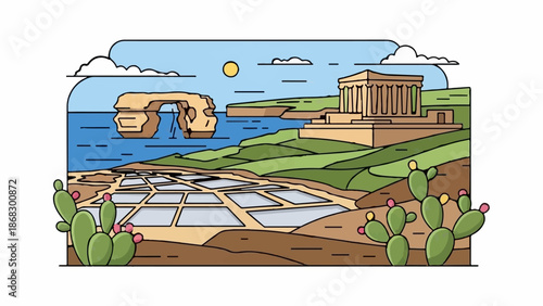 Coastal landscape with ancient ruins, rock arch, salt pans, and cacti under a sunny sky