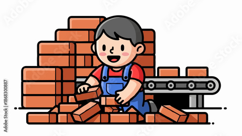 Cheerful cartoon builder stacking bricks next to a conveyor belt