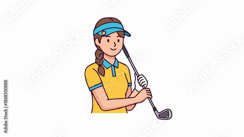 Cartoon of a woman with brown hair in a braid, wearing a yellow shirt and blue visor, holding a golf club