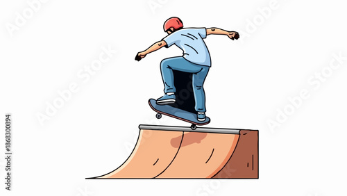 Cartoon of skateboarder performing a trick on a ramp