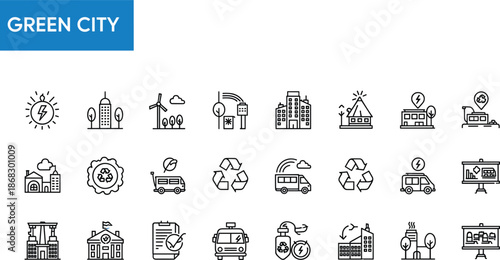 Green City Icons Set Eco Friendly Symbols Renewable Energy Buildings environment sustainability