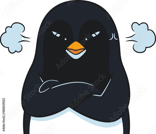 Cartoon penguin with arms crossed, looking annoyed, steam from head