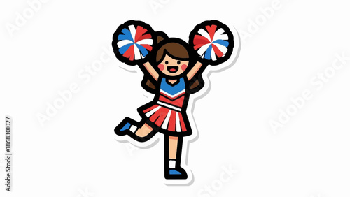 Cheerful cartoon girl in a cheerleader outfit jumps with pom-poms