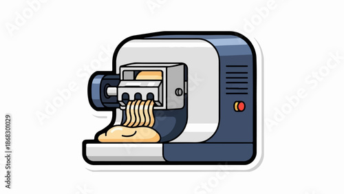 Cartoon pasta maker extruding fresh noodles onto a counter