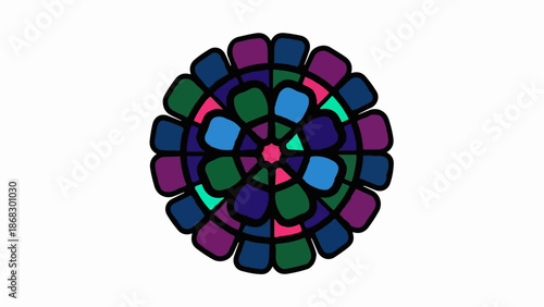 Circular floral mosaic pattern in vibrant blues, purples, greens, and pinks on white
