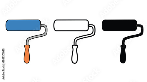Three paint rollers in different colors on a white background