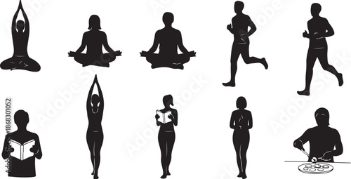 Silhouettes of people doing various fitness activities together