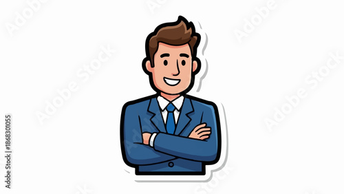 Cheerful cartoon man in a blue suit and tie, arms crossed confidently