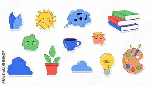 Cheerful cartoon icons sun, clouds, plants, music, coffee, books, art, and idea bulb