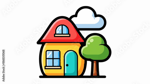 Cheerful cartoon house with red roof, yellow walls, blue door, green tree, and fluffy cloud