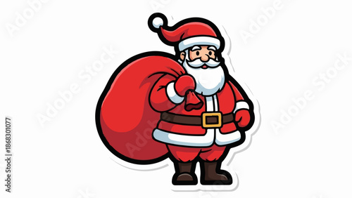 Cheerful cartoon Santa Claus with a large sack of gifts