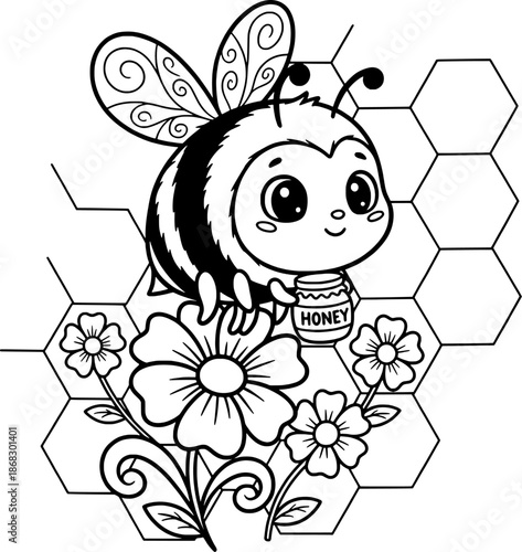 Simple Cute Bee on Honeycomb and Flower Coloring Page