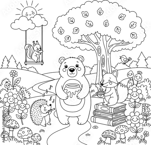 Bear Chef and Forest Animals with Books and Honey Coloring Page