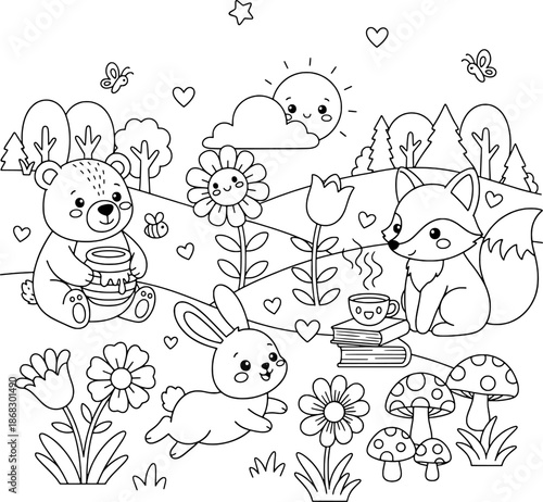 Bear Reading Book with Bunny and Fox Friends Coloring Page