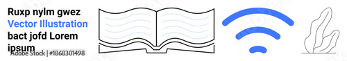 Education, digital learning, communication, wireless technology, reading, and eco-conscious design. Open book, wireless signal and plants in a minimalistic design. Education and digital learning