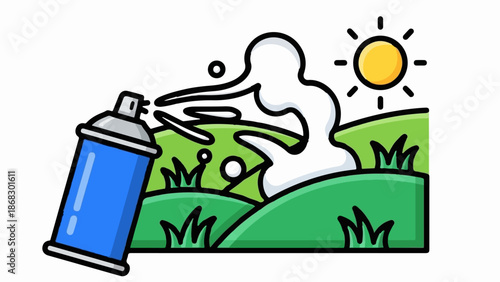 Cartoon spray can painting a white cloud-like figure in a green grassy landscape under the sun