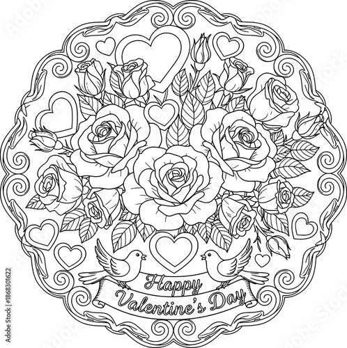 Intricate Rose Bouquet and Hearts Mandala Coloring Page