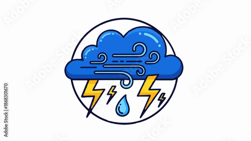 Cartoon storm cloud with lightning, rain, and wind symbols inside a circle