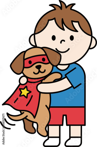 A happy boy hugs a superhero dog, both smiling. A cute illustration perfect for kids' celebrations and pet-themed designs. Bright and cheerful!