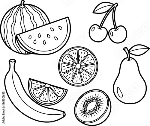 Simple Fruit Set with Watermelon and Cherry Coloring Page