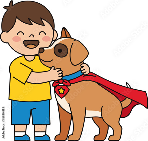 A happy boy hugs his dog wearing a superhero cape. Cute illustration, vibrant colors, perfect for kids' celebrations and pet-themed designs.