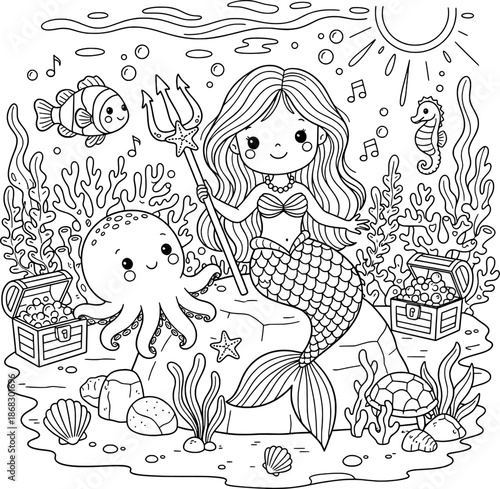 Brave Mermaid with Trident and Sea Creatures Coloring Page